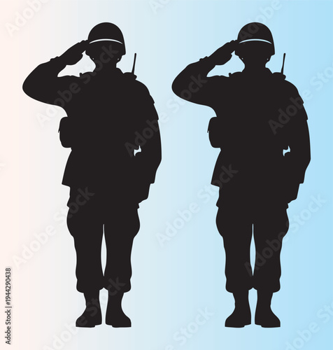 Silhouettesoftwosoldierssalutinginuniformisolatedontransparentbackground