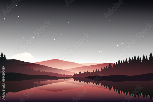 Twilight Mountain Landscape Reflection Calm Lake Stars Sky