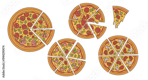 Hand Drawn Illustration of Sliced Pizzas with Various Toppings