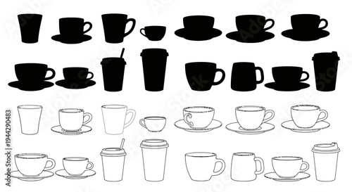 Set of Various Coffee and Tea Cup Silhouettes and Outlines