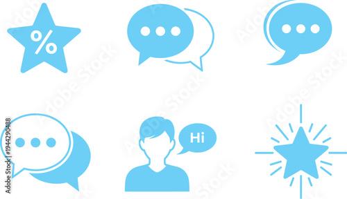 Collection of blue chat and rating icons on white background