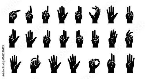 Set of black silhouette hand gesture icons on white