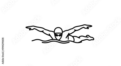 Swimmer Performing Butterfly Stroke in Water - Minimalist Line Art