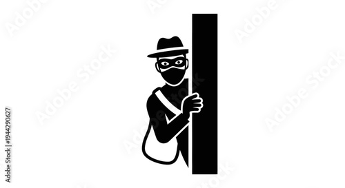 Thief Hiding Behind Corner, Wearing Mask and Hat, Stealthy Intruder Concept