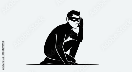 Thief in mask listening intently while crouching, stealthy, secret, crime concept