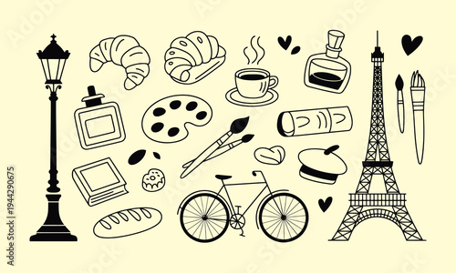 A charming black and white illustration showcasing iconic parisian elements and artistic tools high quality