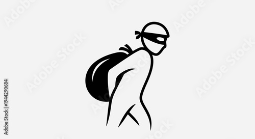 Thief with a sack of loot, criminal activity, stealthy robber icon, black and white illustration
