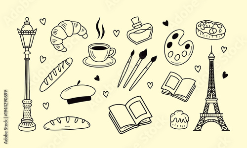 A charming hand drawn collection depicting parisian themes food art and iconic landmarks high quality