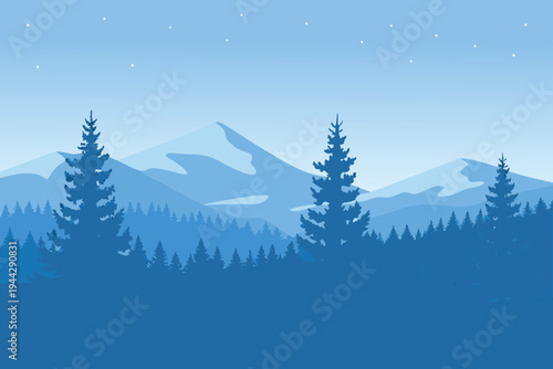 Winter Mountain Landscape Silhouette with Pine Trees and Stars Blue Tones  Illustration