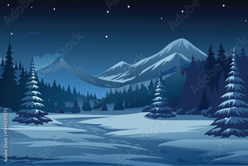Winter Night Landscape with Snow-Covered Mountains and Fir Trees Under Starry Sky