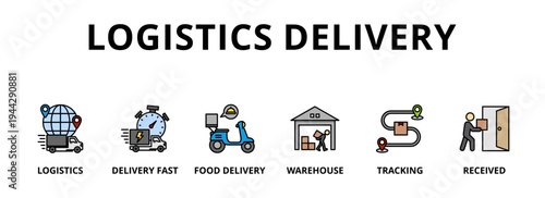Logistics delivery banner web icon vector illustration concept with icon of logistics, delivery fast, food delivery, warehouse, tracking, receive 
