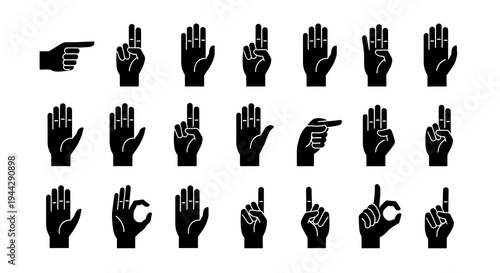 Set of Black Hand Gesture Icons and Finger Silhouettes