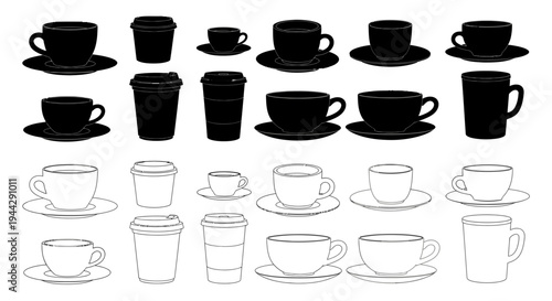 Coffee cup and mug silhouette and outline icon set