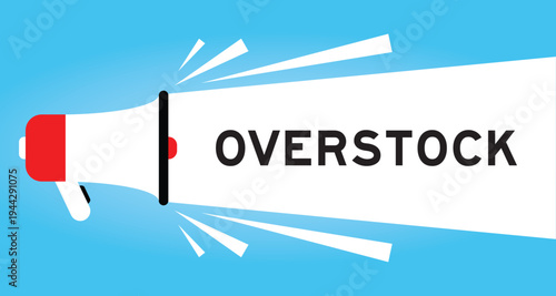 Color megaphone icon with word overstock in white banner on blue background