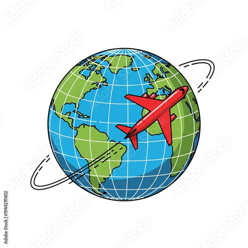 Red Airplane Flying Around Globe Illustration.