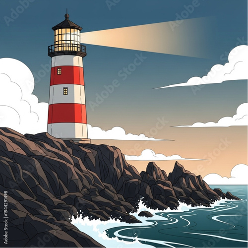 Red and White Striped Lighthouse on Rocky Coast.