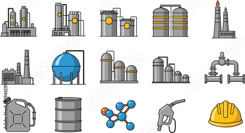 Industrial oil refinery and chemical plant vector icon set with factory equipment, fuel pump, storage tanks, pipeline, barrel, helmet