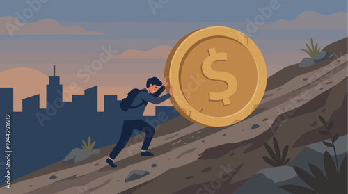 A man pushes a giant golden dollar coin up a steep, rocky hill, symbolizing financial struggle and hard work. A distant city skyline and cloudy sky add to the challenging mood, perfect for business.
