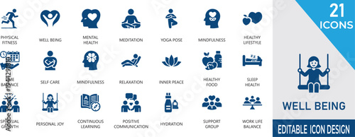 minimalist well being icons for mental, health, apps, corporate, wellness, mindfulness, meditation, and lifestyle therapy.