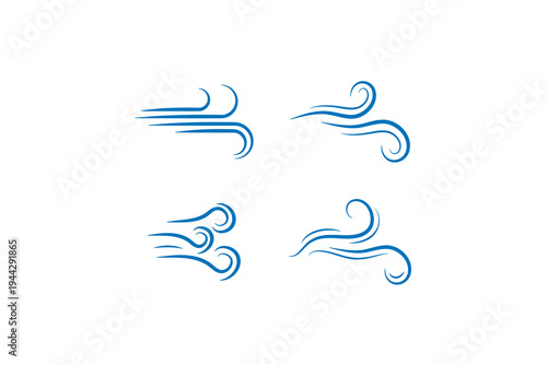 Strong wind swirl icons set blue air flow symbols