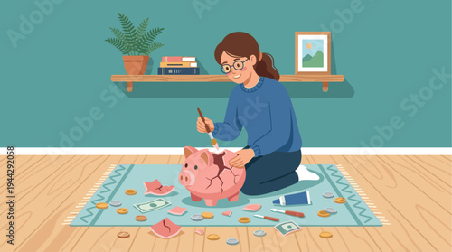 A smiling young woman in glasses kneels, diligently repairing a cracked pink piggy bank with tools, surrounded by scattered money, symbolizing financial recovery and saving at home.