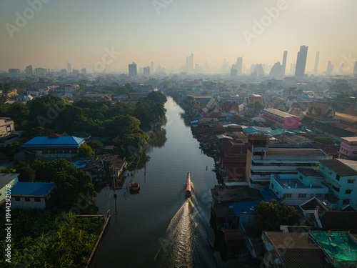 Aerial view morning sunrise river with modern office building