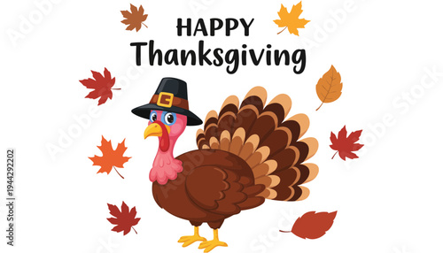 A cartoon turkey wearing a pilgrim hat on Thanksgiving day celebration