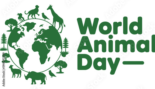 World Animal Day green logo with globe and animal silhouettes