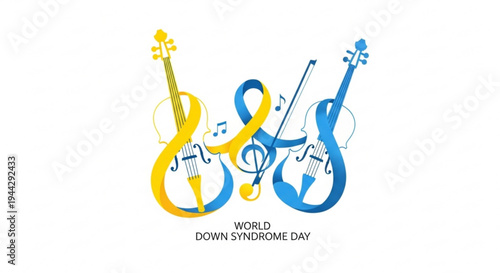 World down syndrome day awareness graphic with musical instruments and symbols in blue and yellow