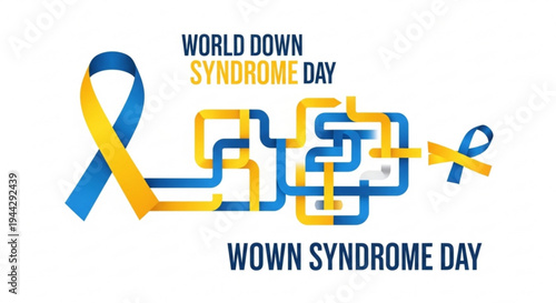 World down syndrome day awareness ribbon and puzzle pieces symbol on white background with blue and yellow colors