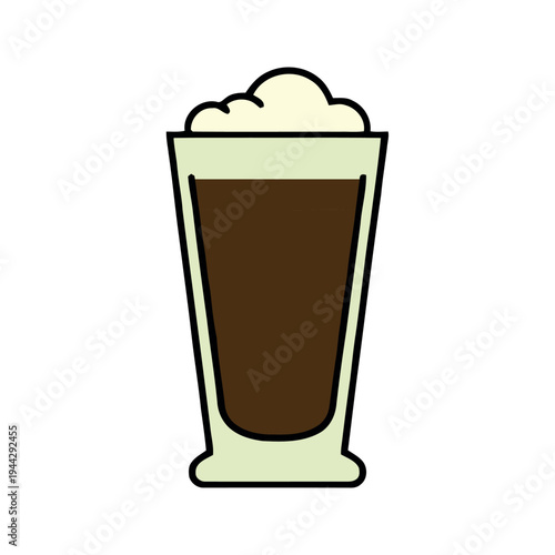 Tall glass of coffee latte with whipped cream on top, minimalist flat vector illustration icon isolated on white background.