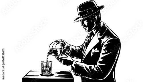 A man in a suit pouring whiskey into a glass from a decanter
