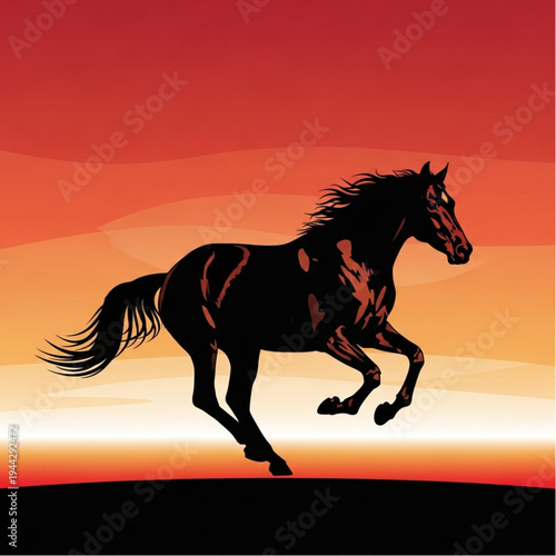 Running Horse Silhouette Against Orange Background.