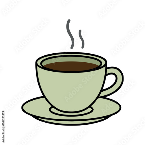 Vector illustration of a steaming hot cup of coffee or tea on a saucer, isolated on white. Minimalist flat design icon for cafe or breakfast theme.