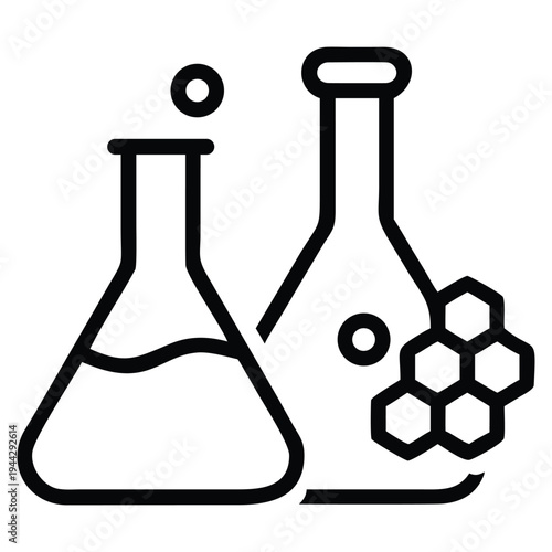 Two laboratory flasks with bubbles and honeycomb structure, science graphic