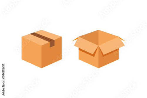 Minimal cardboard box closed and open package icons vector set