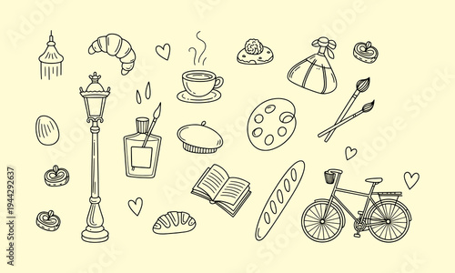 A charming hand drawn collection of parisian elements including pastries a bicycle and artistic tools