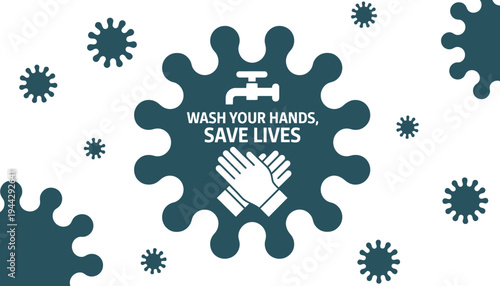 A hand washing icon with a virus warning message illustration