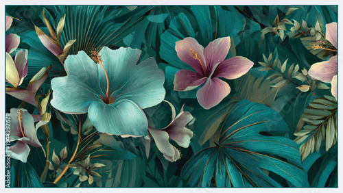 Stylish tropical botanical wallpaper featuring lush leaves and elegant blooming flowers in a modern decorative composition. Ideal for wallpaper design, home interior decoration, digital backgrounds, w