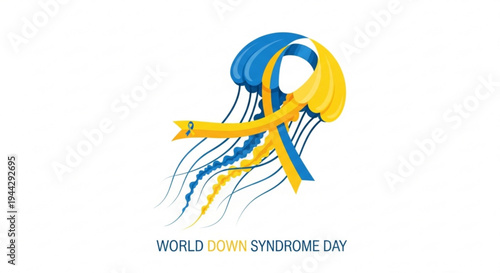 World down syndrome day awareness ribbon in blue and yellow colors on white background