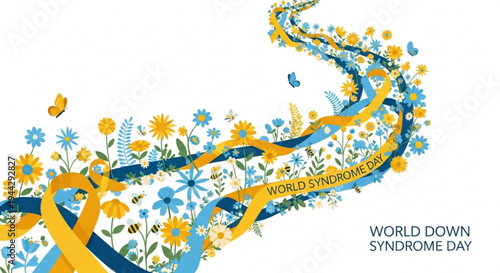 World down syndrome day awareness ribbon with flowers on white background for support and advocacy