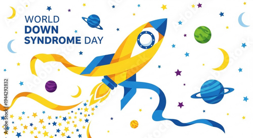 World down syndrome day awareness illustration with rocket and planets