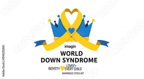 World down syndrome awareness ribbon crown logo with blue and yellow colors