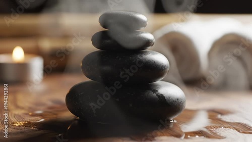 Harmonious steaming stones and flickering candle in serene spa ambiance