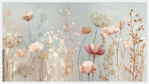 Stylish tropical botanical wallpaper featuring lush leaves and elegant blooming flowers in a modern decorative composition. Ideal for wallpaper design, home interior decoration, digital backgrounds, w