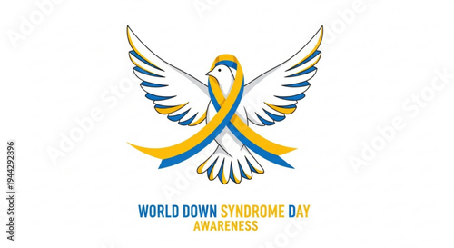 World down syndrome day awareness symbol with blue and yellow ribbon wrapped around white dove on white background