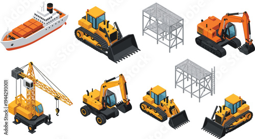 Isometric construction machinery vehicles set including excavator bulldozer crane cargo ship steel structure building equipment vector illustration