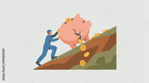 A determined man in blue workwear struggles to push a large, cracked pink piggy bank up a steep brown hill, as golden coins fall out, symbolizing financial struggle and the challenging pursuit.