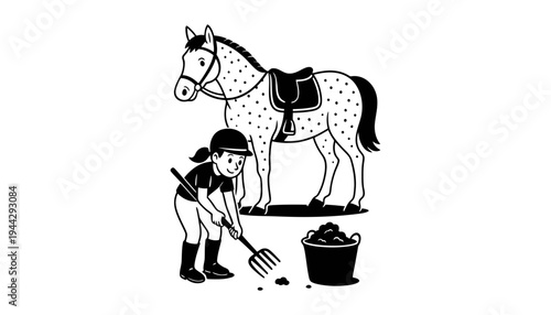 Horse girl cleaning up manure with a pitchfork and bucket nearby