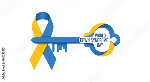 World down syndrome day awareness key symbol with blue and yellow ribbon on white background